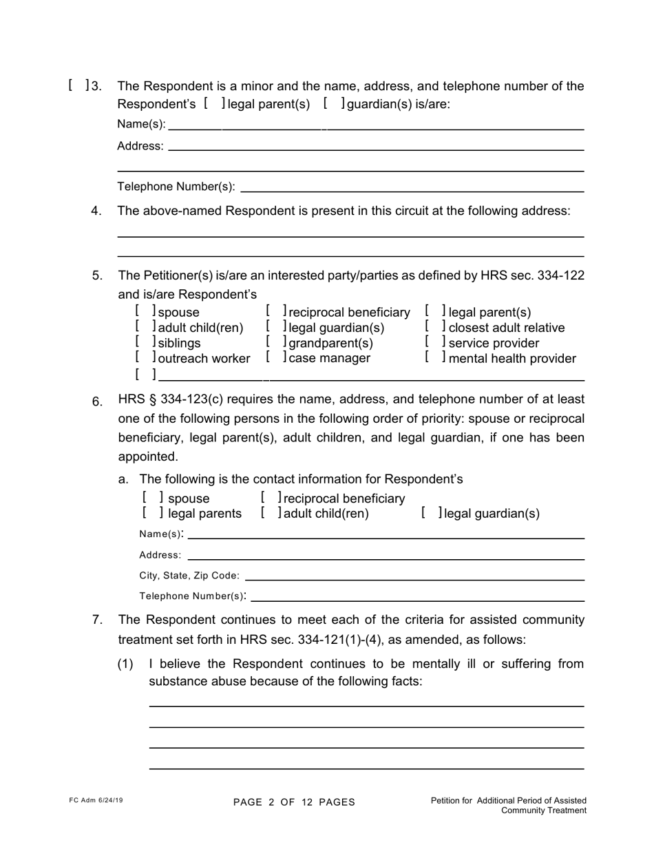 Form 2F-P-486 Petition for Additional Period of Assisted Community Treatment - Hawaii, Page 2