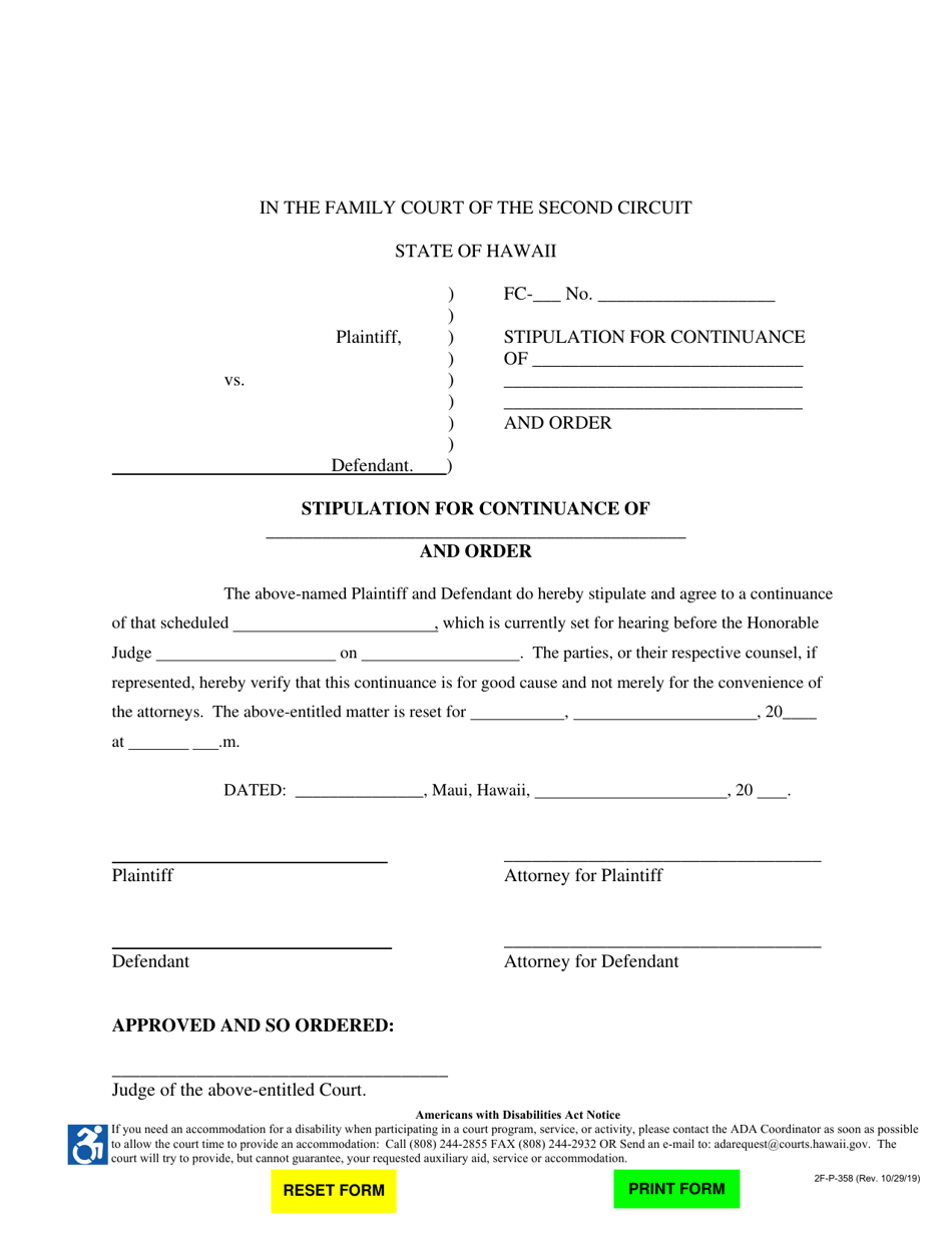 Form 2F-P-358 Stipulation for Continuance and Order - Hawaii, Page 1