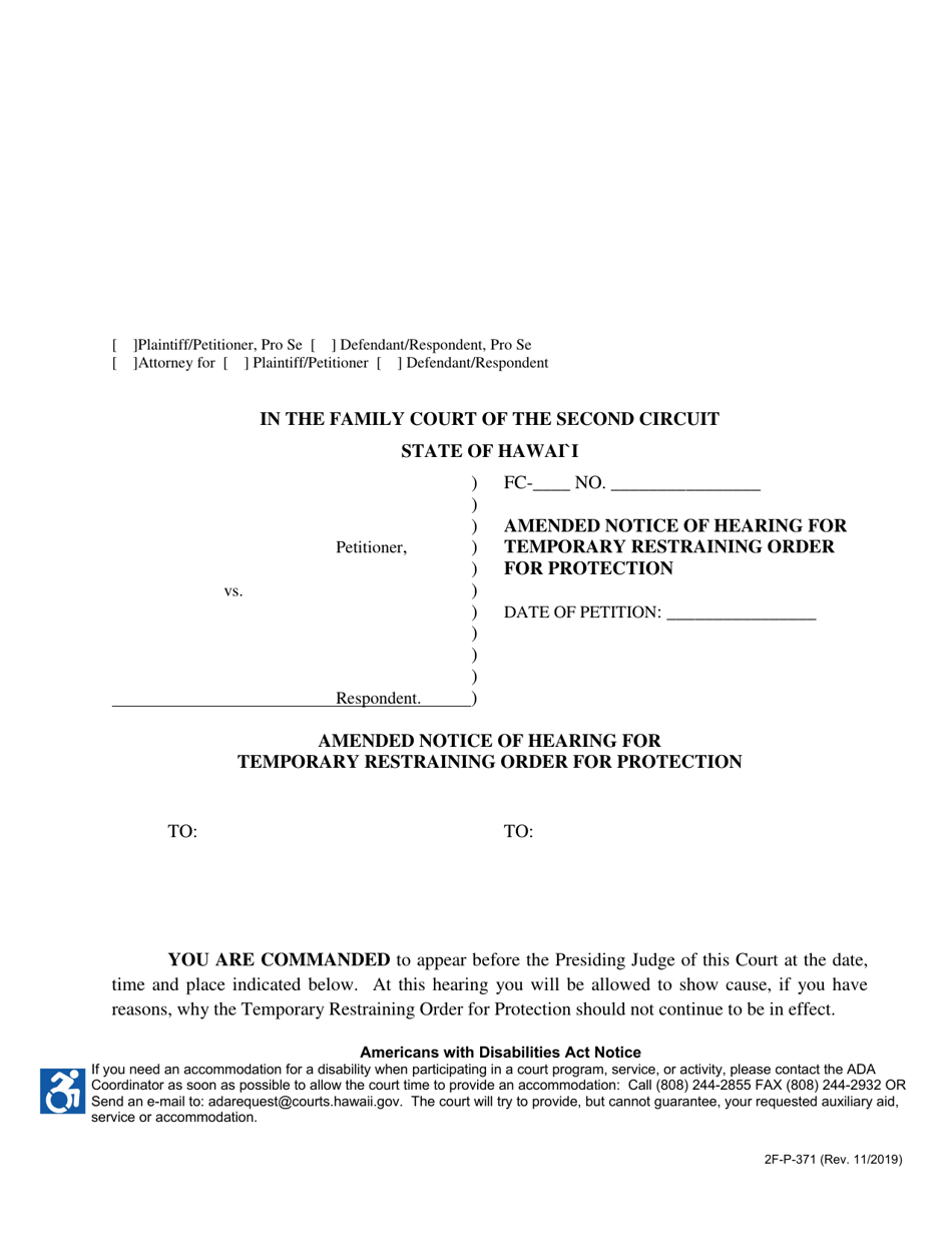 Form 2F-P-371 Amended Notice of Hearing for Temporary Restraining Order for Protection - Hawaii, Page 1