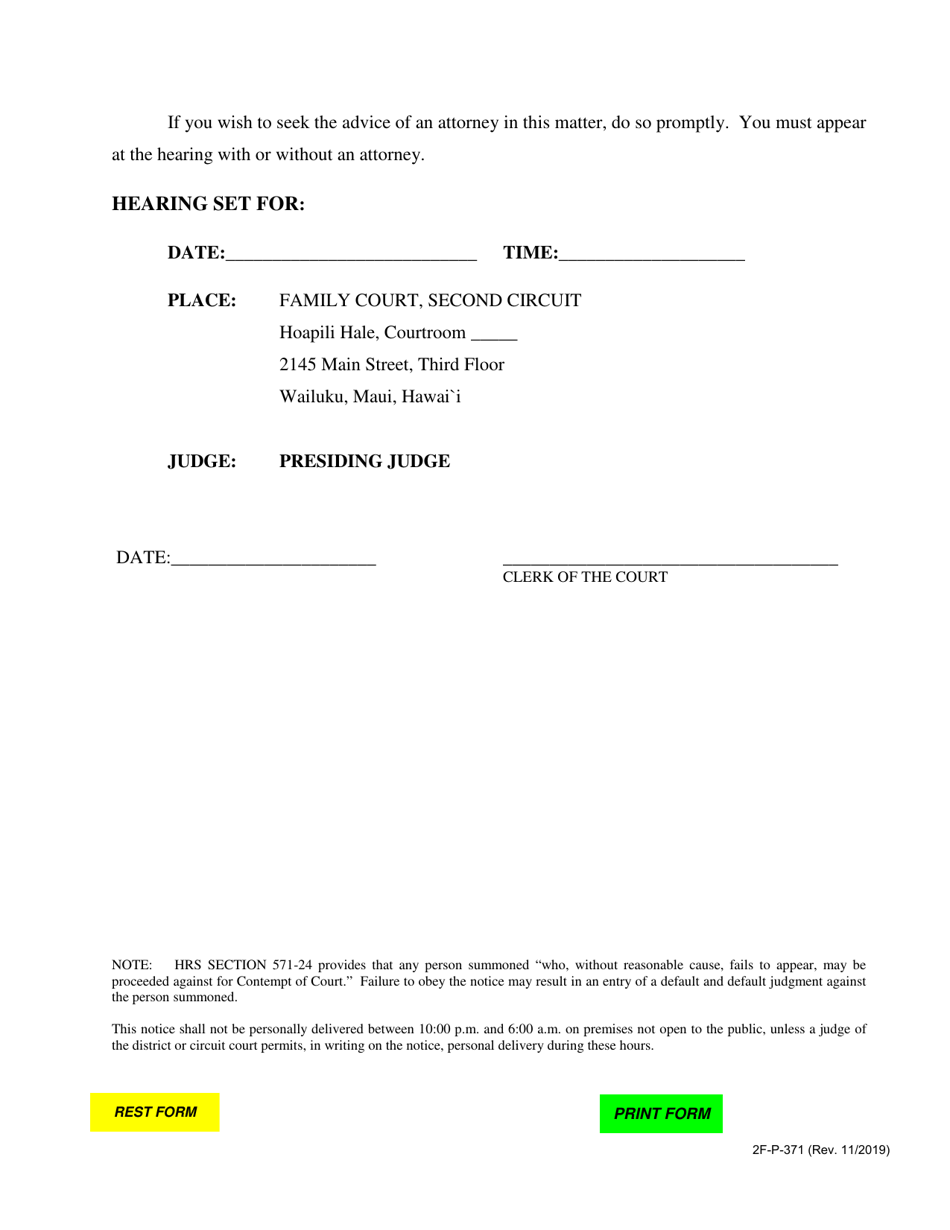 Form 2F-P-371 Amended Notice of Hearing for Temporary Restraining Order for Protection - Hawaii, Page 2