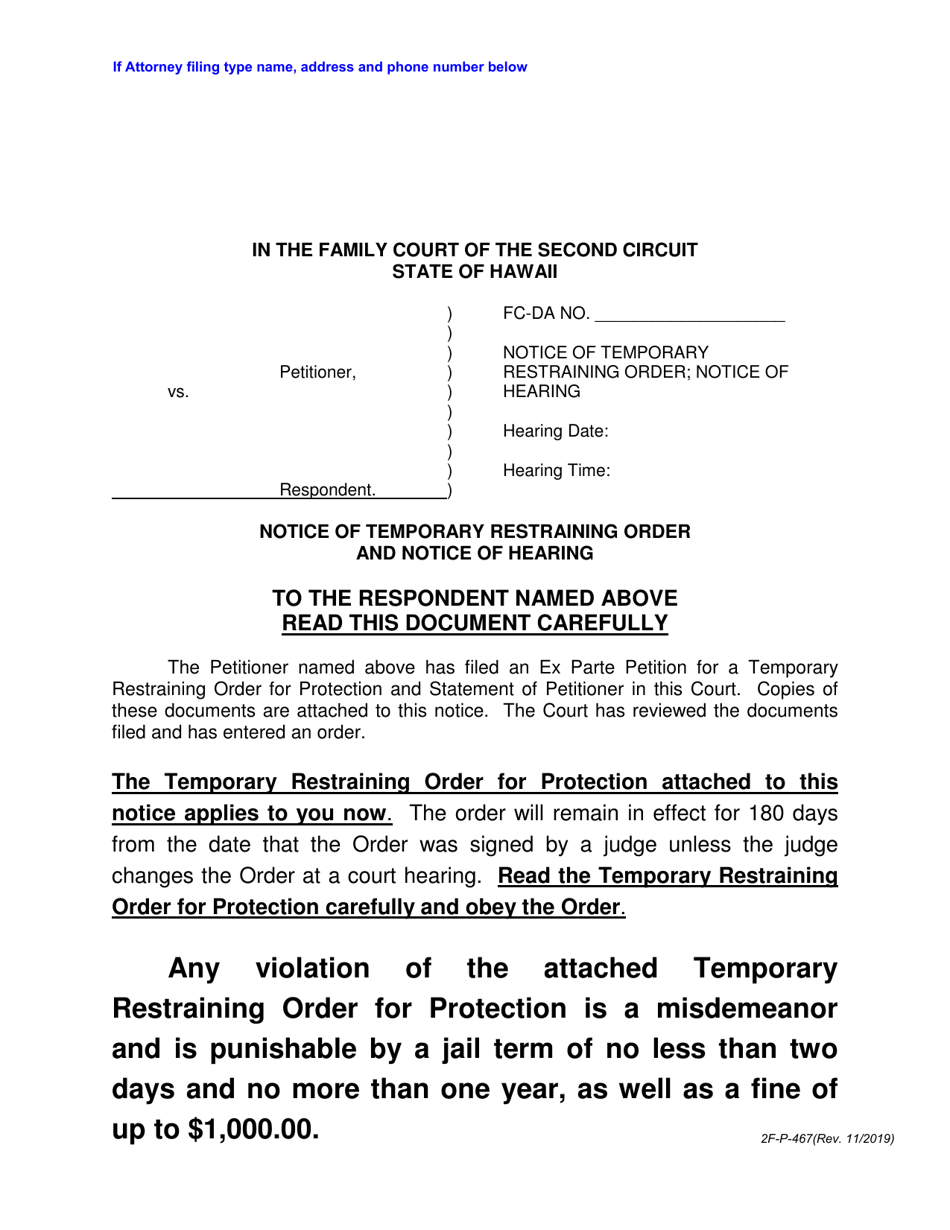 Form 2F-P-467 Notice of Temporary Restraining Order; Notice of Hearing - Hawaii, Page 1
