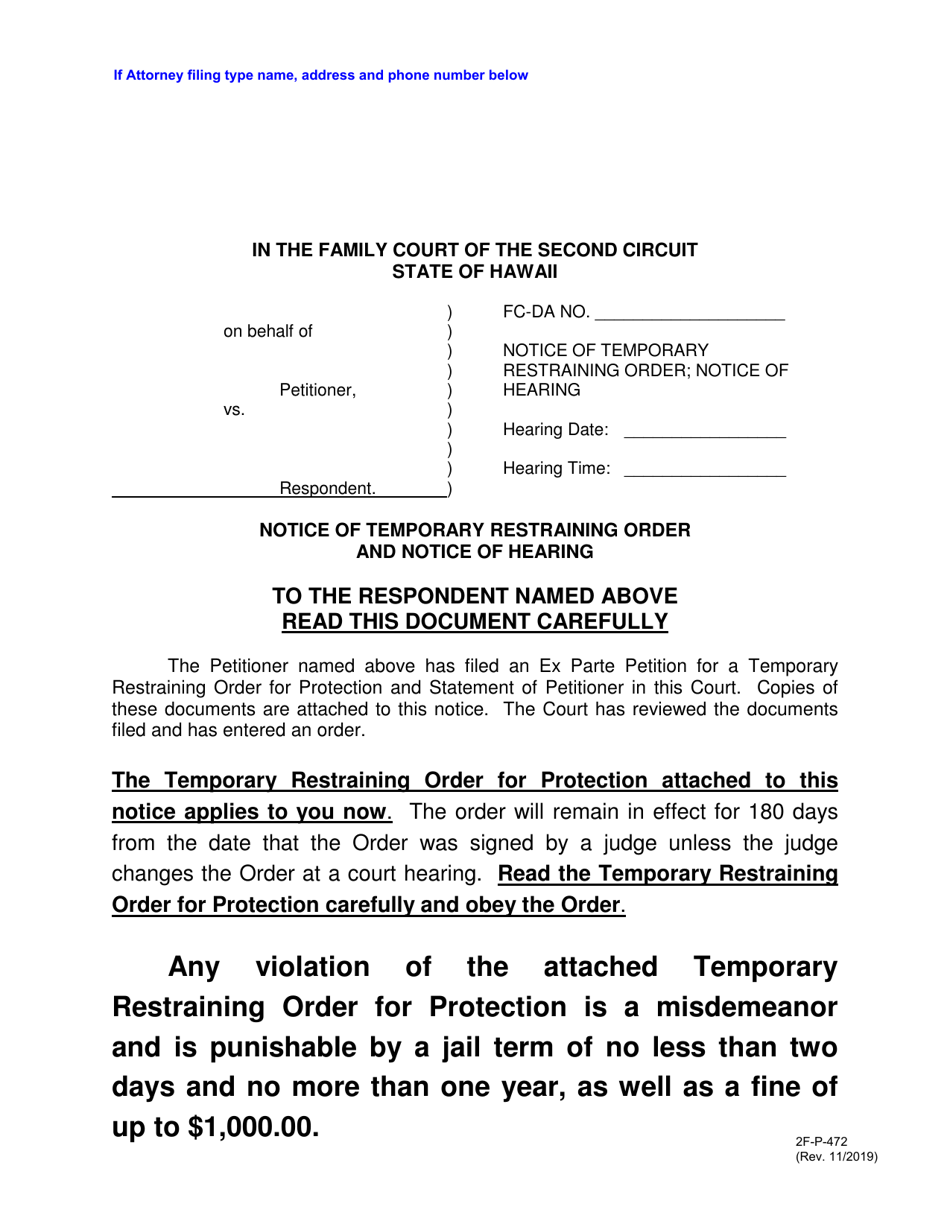 Form 2F-P-472 Notice of Temporary Restraining Order and Notice of Hearing - Hawaii, Page 1