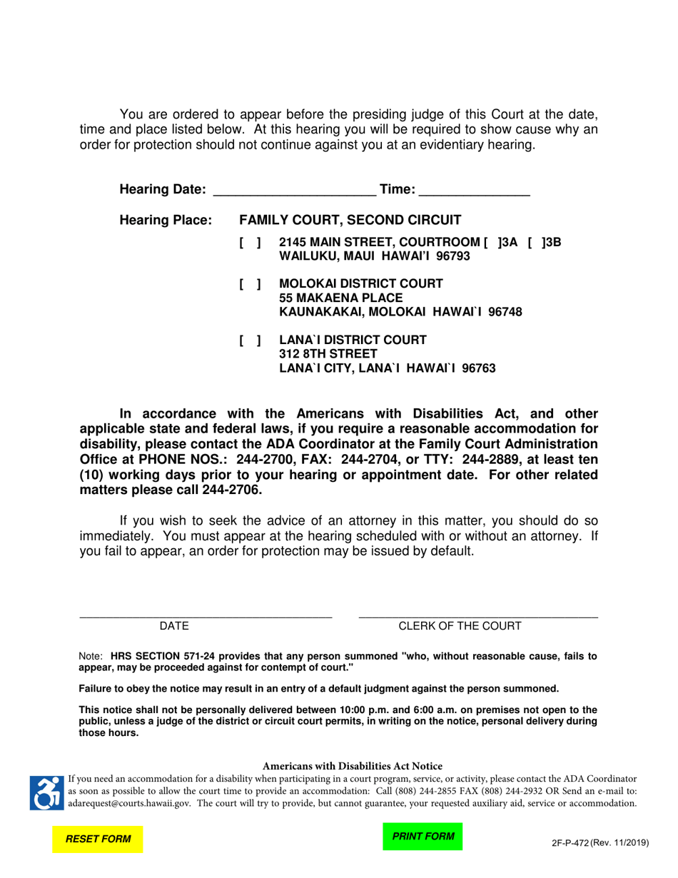 Form 2F-P-472 Notice of Temporary Restraining Order and Notice of Hearing - Hawaii, Page 2