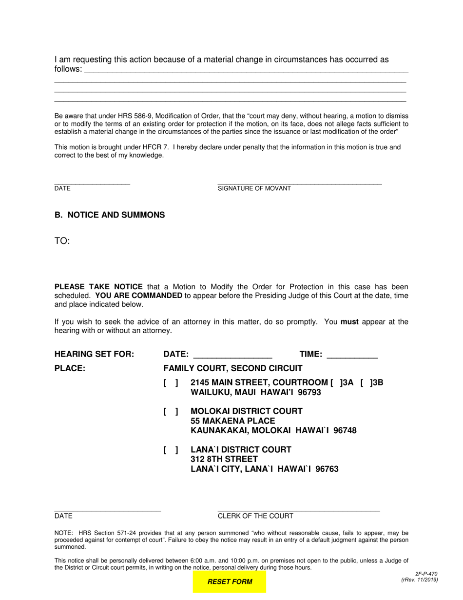 Form 2F-P-470 Motion to Amend / Dissolve Hrs 586 Protective Order Notice and Summons - Hawaii, Page 2