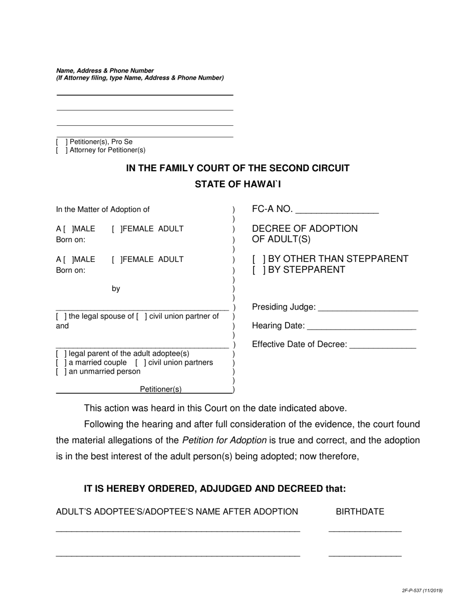 Form 2F-P-537 Decree of Adoption of Adult(S) by Other Than Stepparent / by Stepparent - Hawaii, Page 1