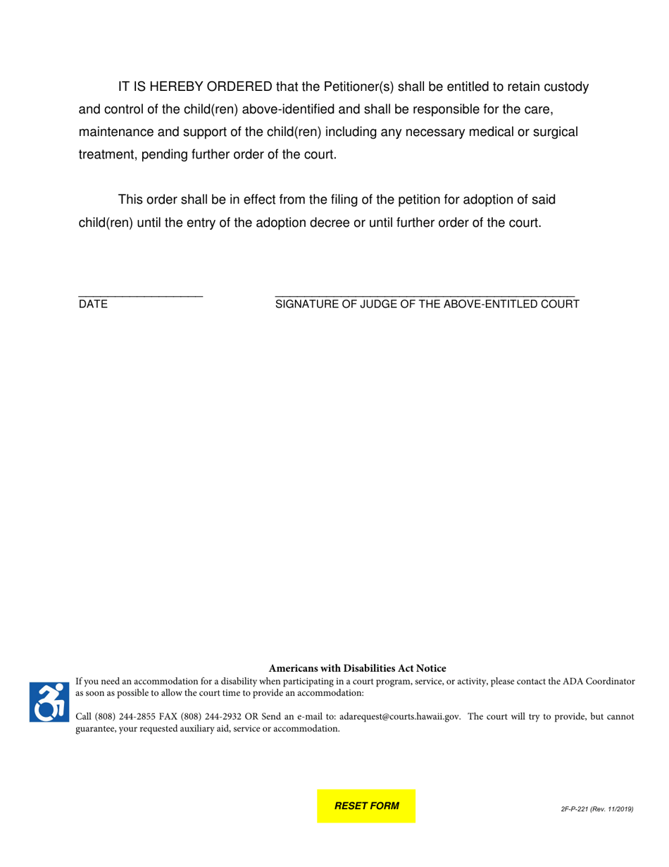 Form 2F-P-221 Ex Parte Motion and Affidavit for Custody of Child(Ren) Pendente Lite; Order - Hawaii, Page 3