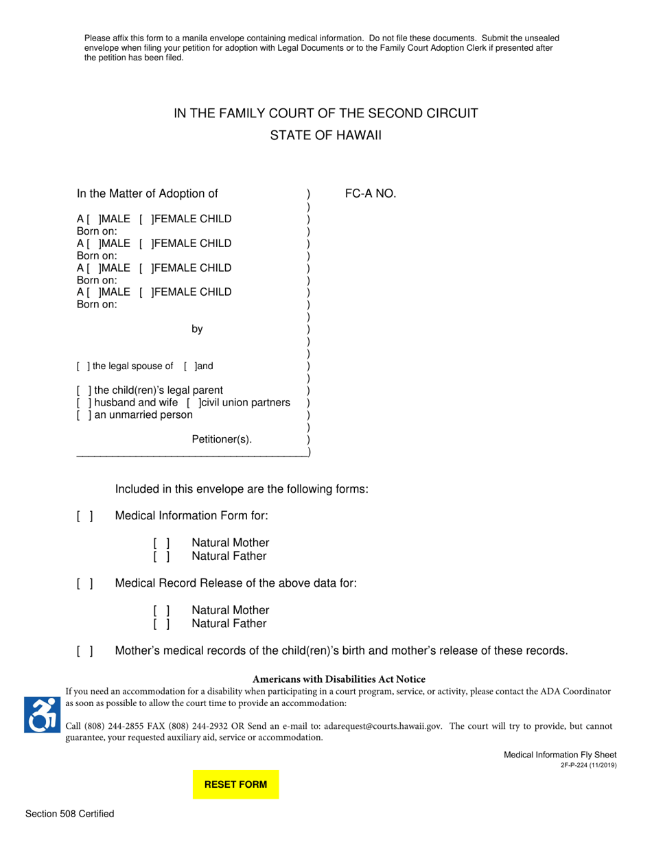 Form 2F-P-224 Medical Information Fly Sheet - Hawaii, Page 1