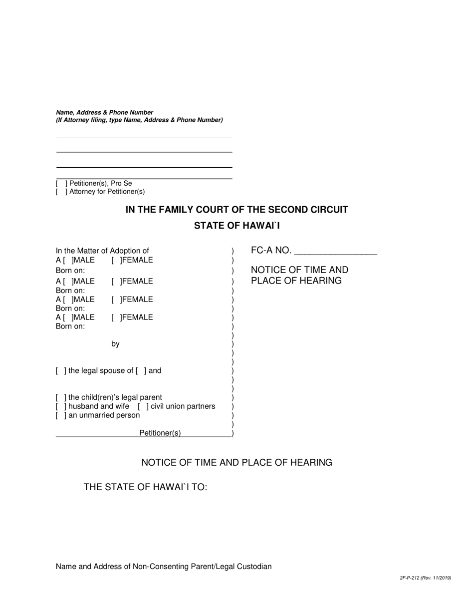Form 2F-P-212 Notice of Time and Place of Hearing - Hawaii, Page 1