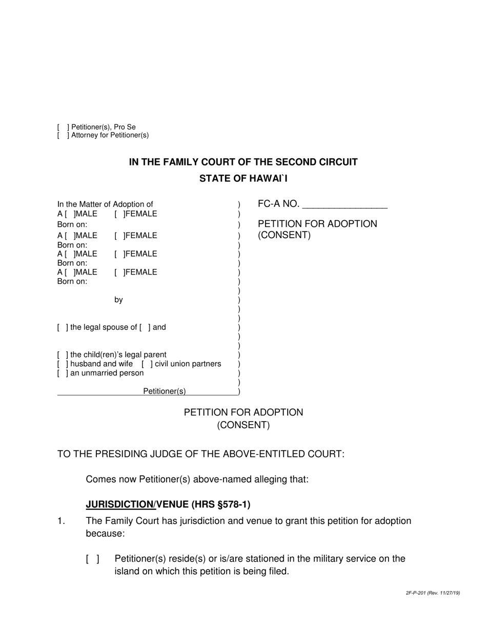 Form 2F-P-201 Petition for Adoption (Consent) - Hawaii, Page 1