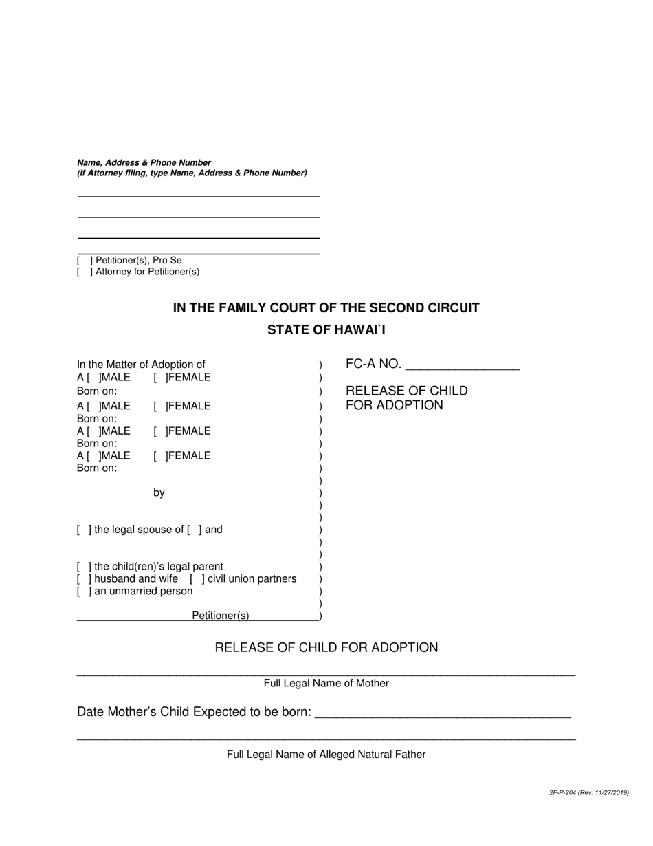 Form 2F-P-204 Release of Child for Adoption - Hawaii, Page 1