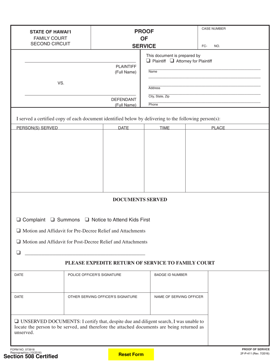 Form 2F-P-411 Proof of Service - Hawaii, Page 1