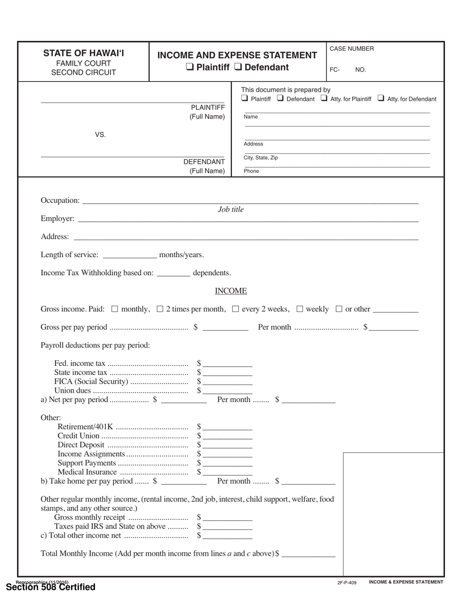 Form 2F-P-409 Income  Expense Statement - Hawaii, Page 1