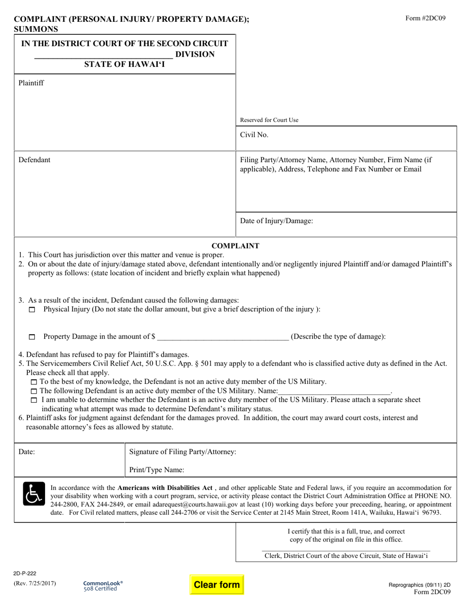 Form 2DC09 Complaint (Personal Injury / Property Damage); Summons - Hawaii, Page 1