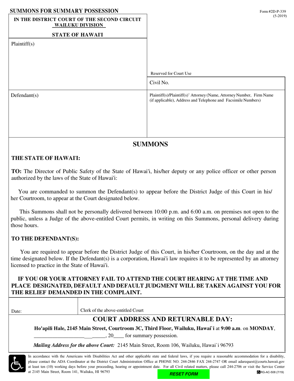 Form 2D-P-339 Summons for Summary Possession - Hawaii, Page 1