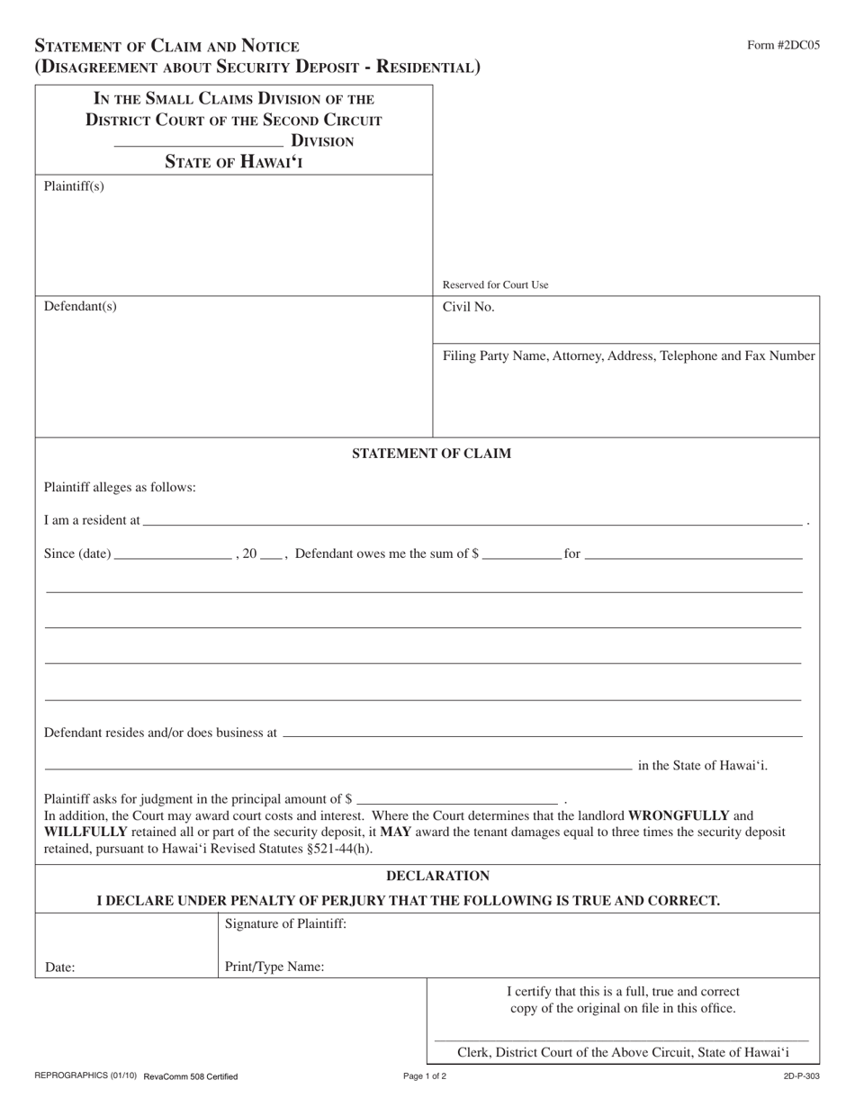 Form 2DC05 Statement of Claim and Notice (Disagreement About Security Deposit-Residential) - Hawaii, Page 1