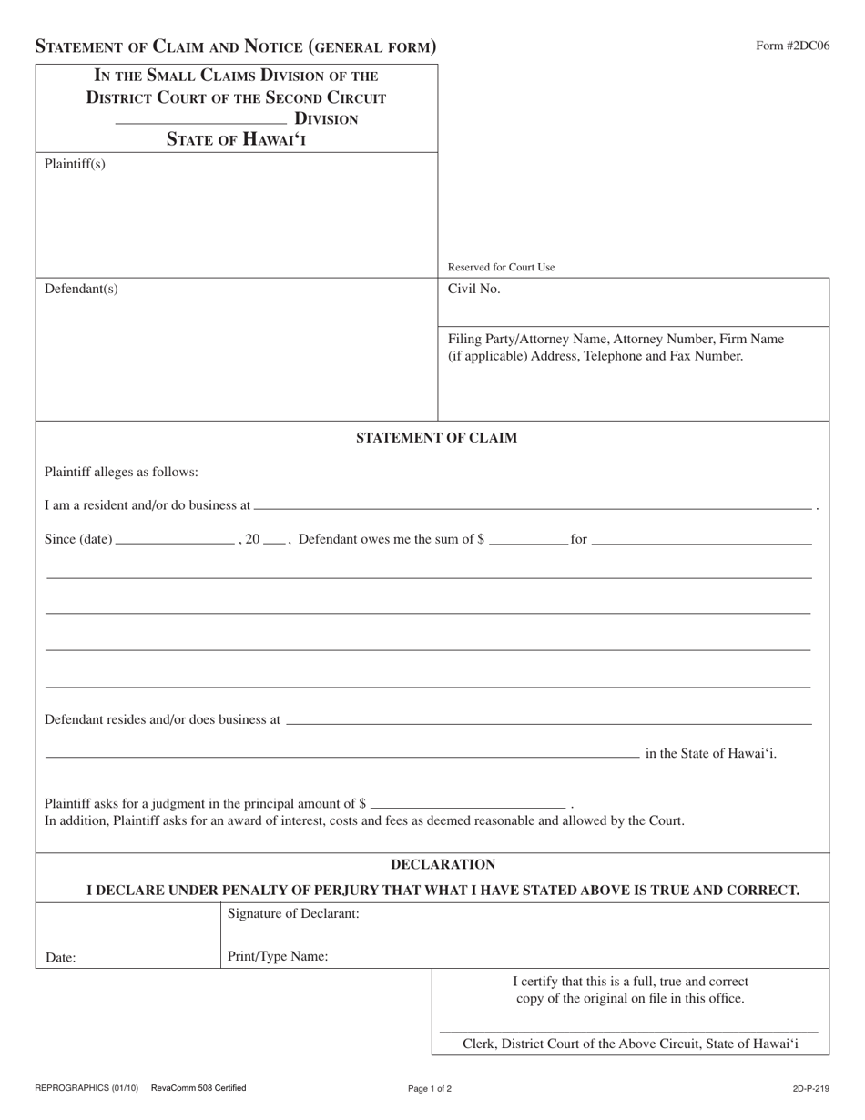 Form 2DC06 Statement of Claim and Notice (General Form) - Hawaii, Page 1