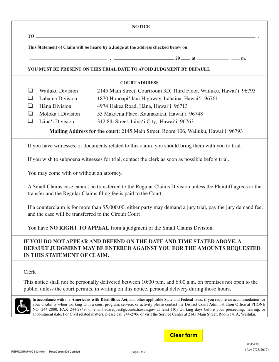 Form 2DC06 Statement of Claim and Notice (General Form) - Hawaii, Page 2