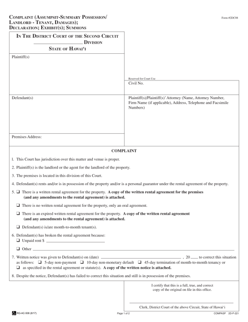 Form 2DC08 Complaint (Assumpsit, Summary Possession/Landlord-Tenant, Damages); Declaration; Exhibit(S); Summons - Hawaii