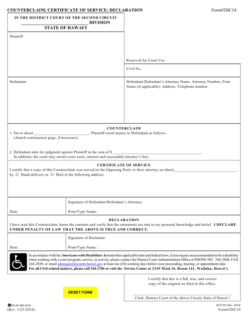 Form 2DC14 Counterclaim; Certificate of Service; Declaration - Hawaii