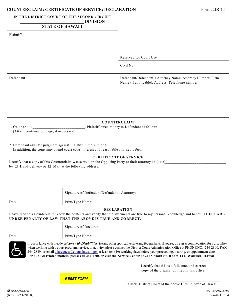 Form 2DC14 Counterclaim; Certificate of Service; Declaration - Hawaii, Page 1