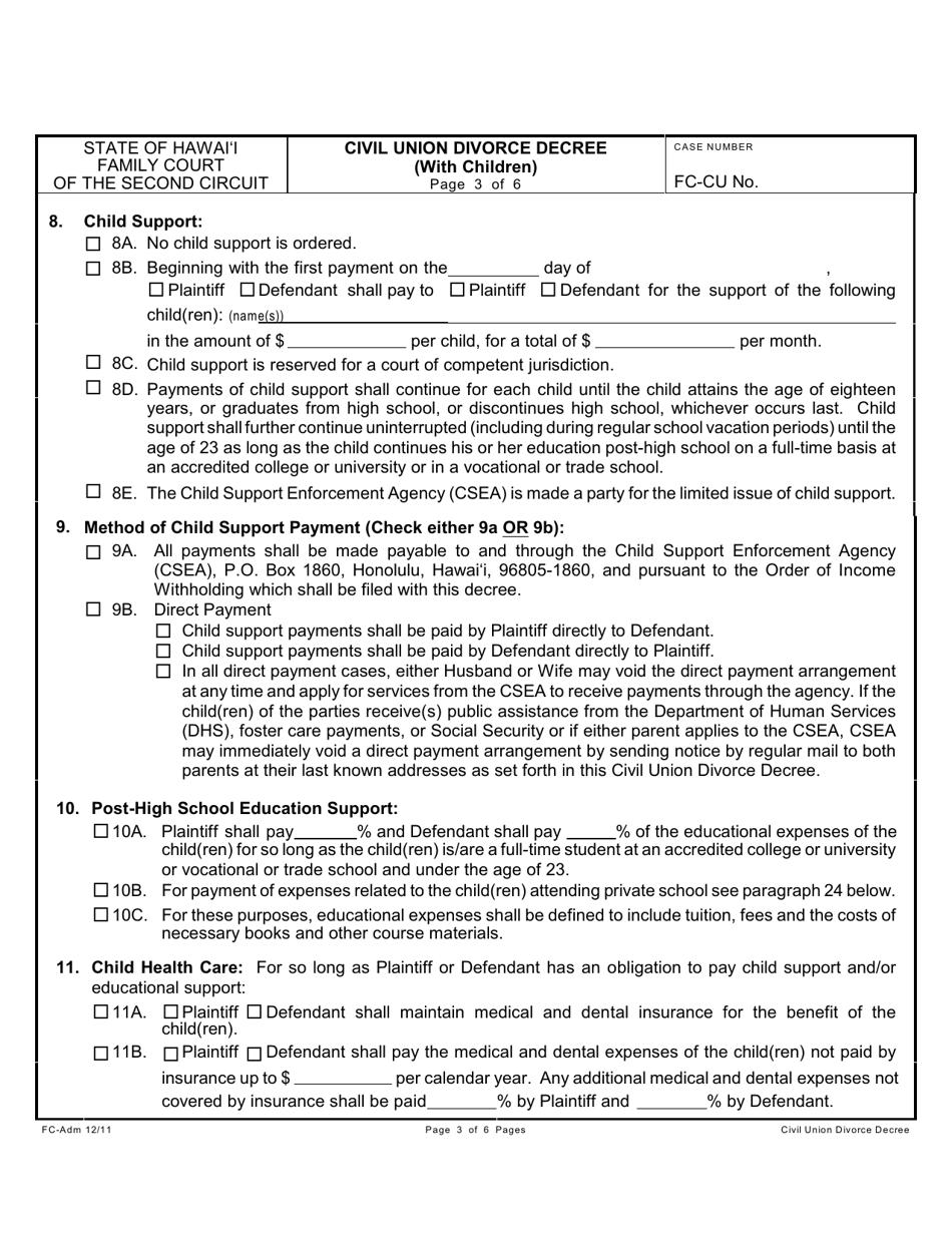 Form 2F-P-420 Civil Union Divorce Decree With Children - Hawaii, Page 3