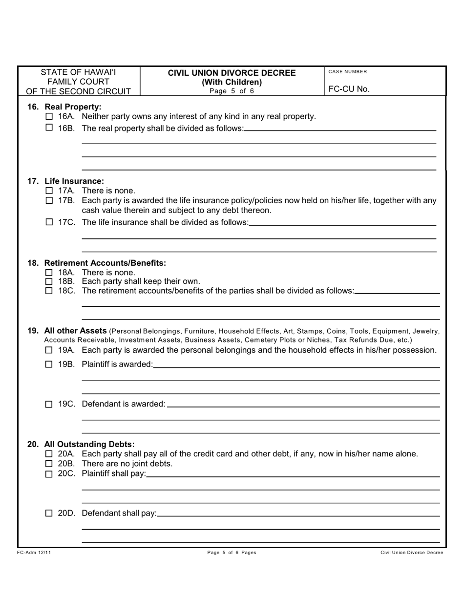 Form 2F-P-420 Civil Union Divorce Decree With Children - Hawaii, Page 5