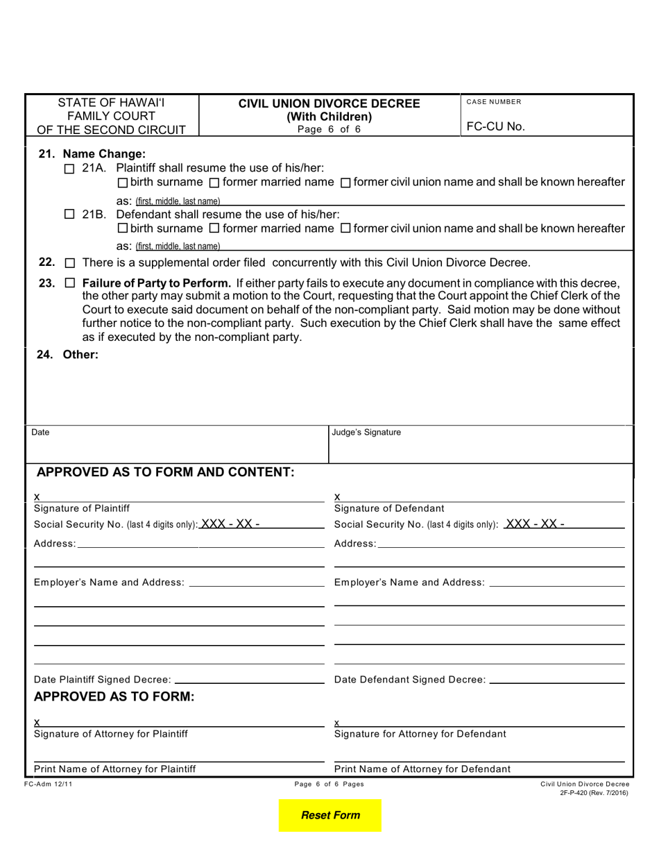 Form 2F-P-420 Civil Union Divorce Decree With Children - Hawaii, Page 6