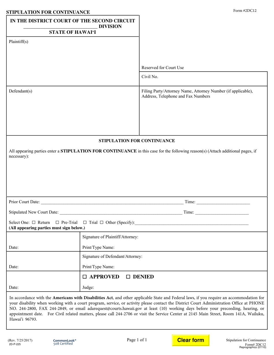 Form 2DC12 Stipulation for Continuance - Hawaii, Page 1