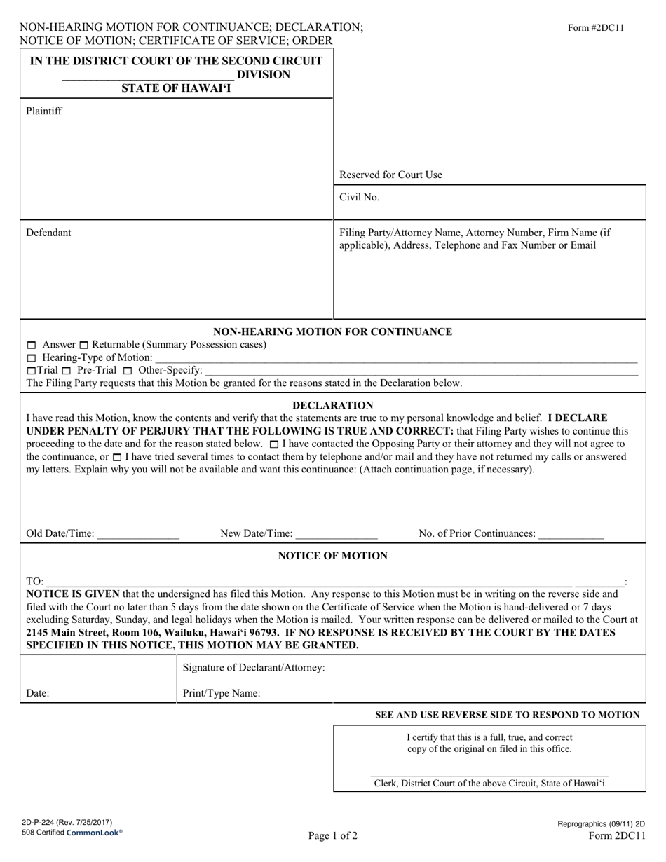 Form 2DC11 Non-hearing Motion for Continuance; Declaration; Notice of Motion; Certificate of Service - Hawaii, Page 1