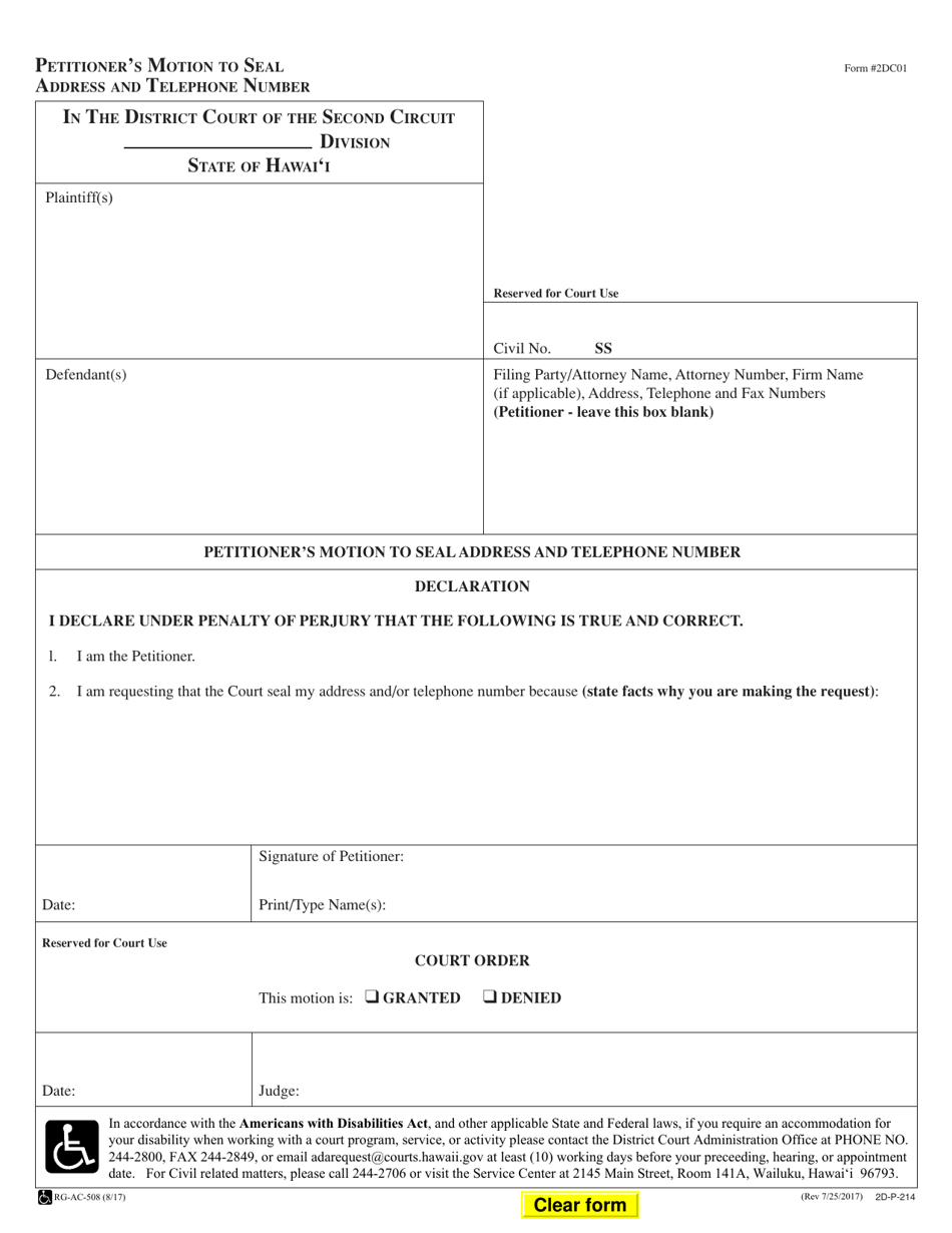 Form 2DC01 Petitioners Motion to Seal Address and Telephone Number - Hawaii, Page 1