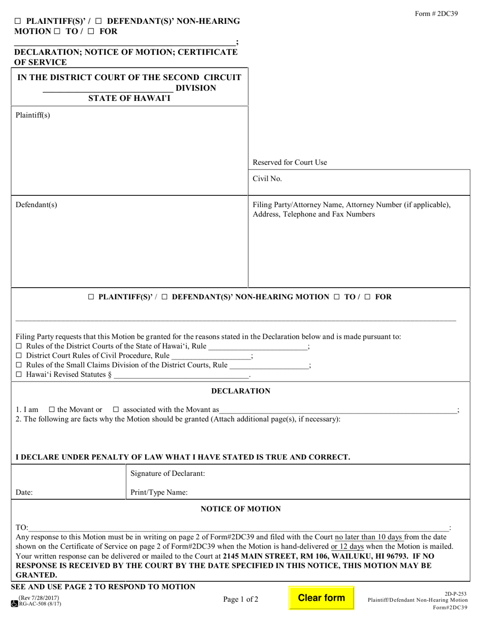 Form 2DC39 - Fill Out, Sign Online and Download Fillable PDF, Hawaii ...