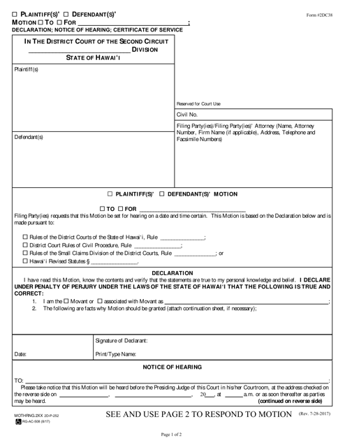 Form 2DC38 Plaintiff(S)' / Defendant(S)' Motion; Declaration; Notice of Motion; Certificate of Service - Hawaii