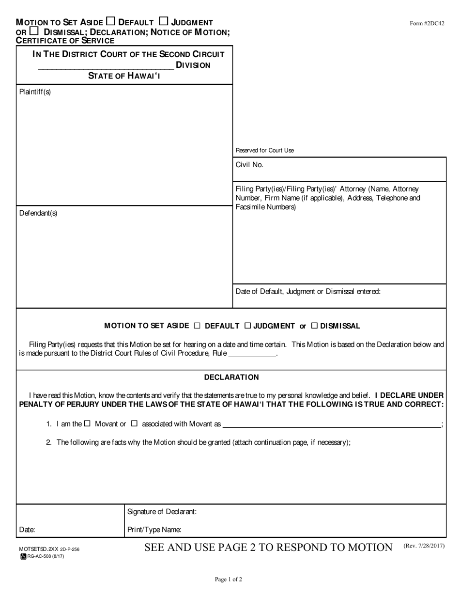 Form 2DC42 Motion to Set Aside Default / Judgment / Dismissal; Declaration; Notice of Motion; Certificate of Service - Hawaii, Page 1