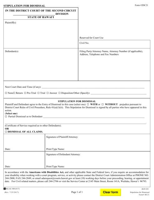 Form 2DC21 Stipulation for Dismissal - Hawaii