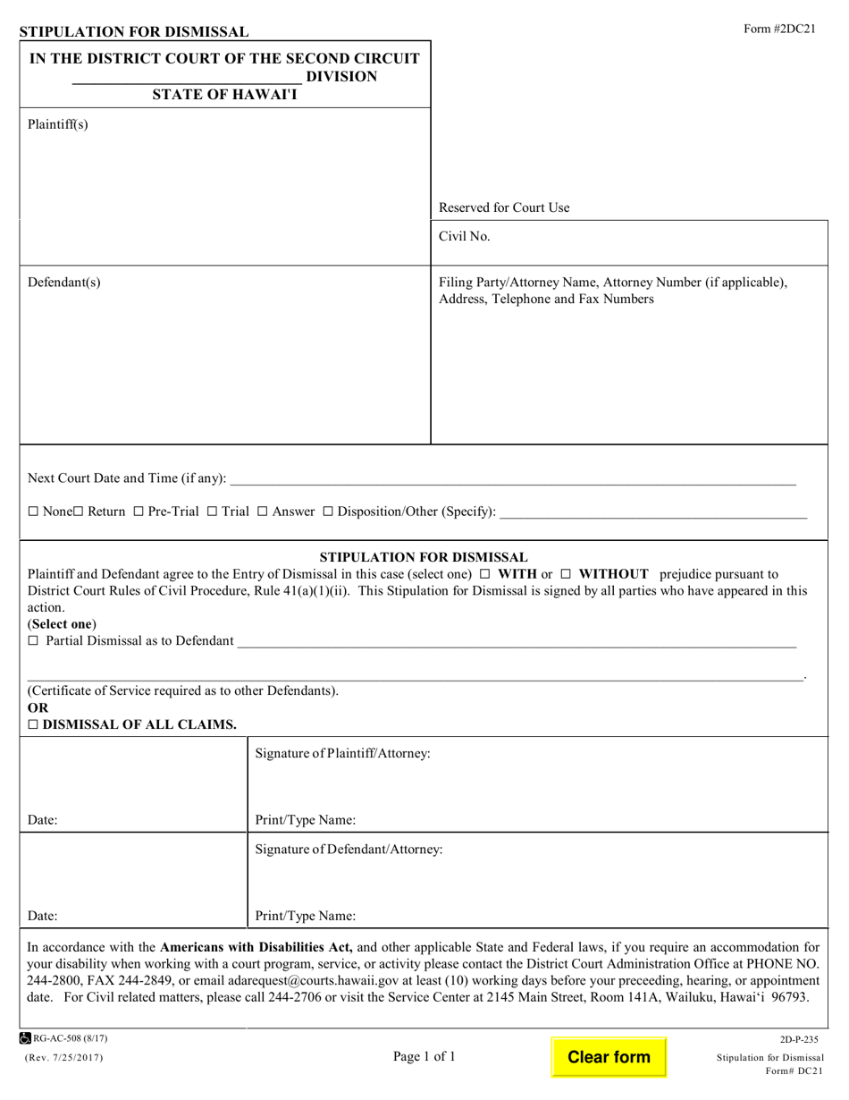 Form 2DC21 Stipulation for Dismissal - Hawaii, Page 1