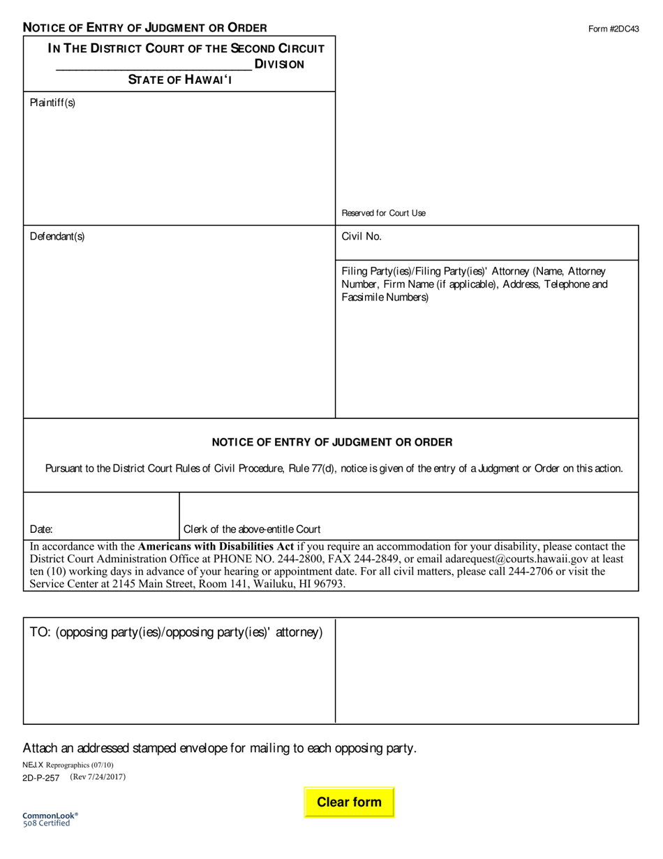 Form 2DC43 Notice of Entry of Judgment or Order - Hawaii, Page 1