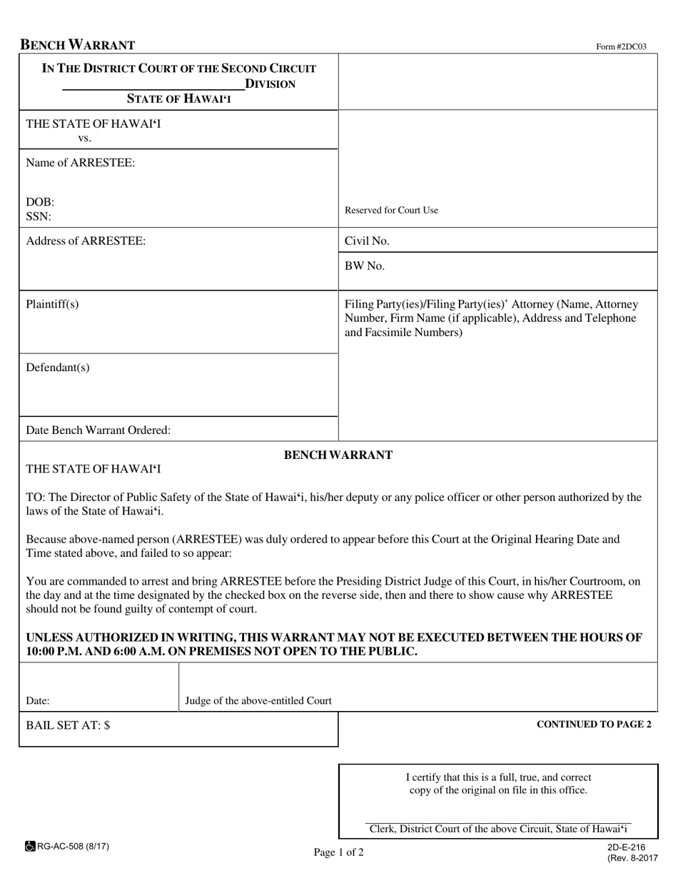 Form 2DC03 Bench Warrant - Hawaii, Page 1