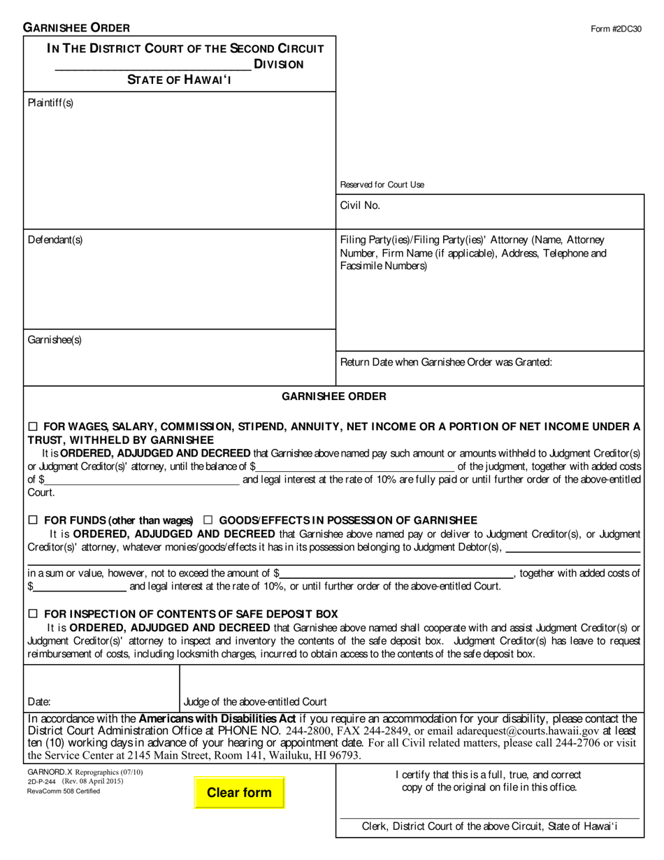 Form 2DC30 Garnishee Order - Hawaii, Page 1