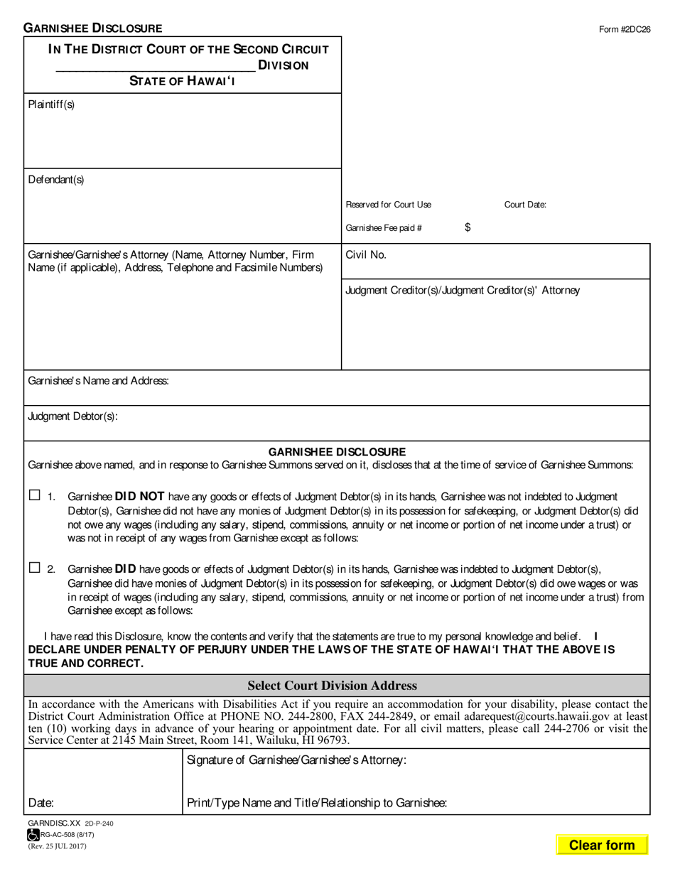 Form 2DC26 Garnishee Disclosure - Hawaii, Page 1