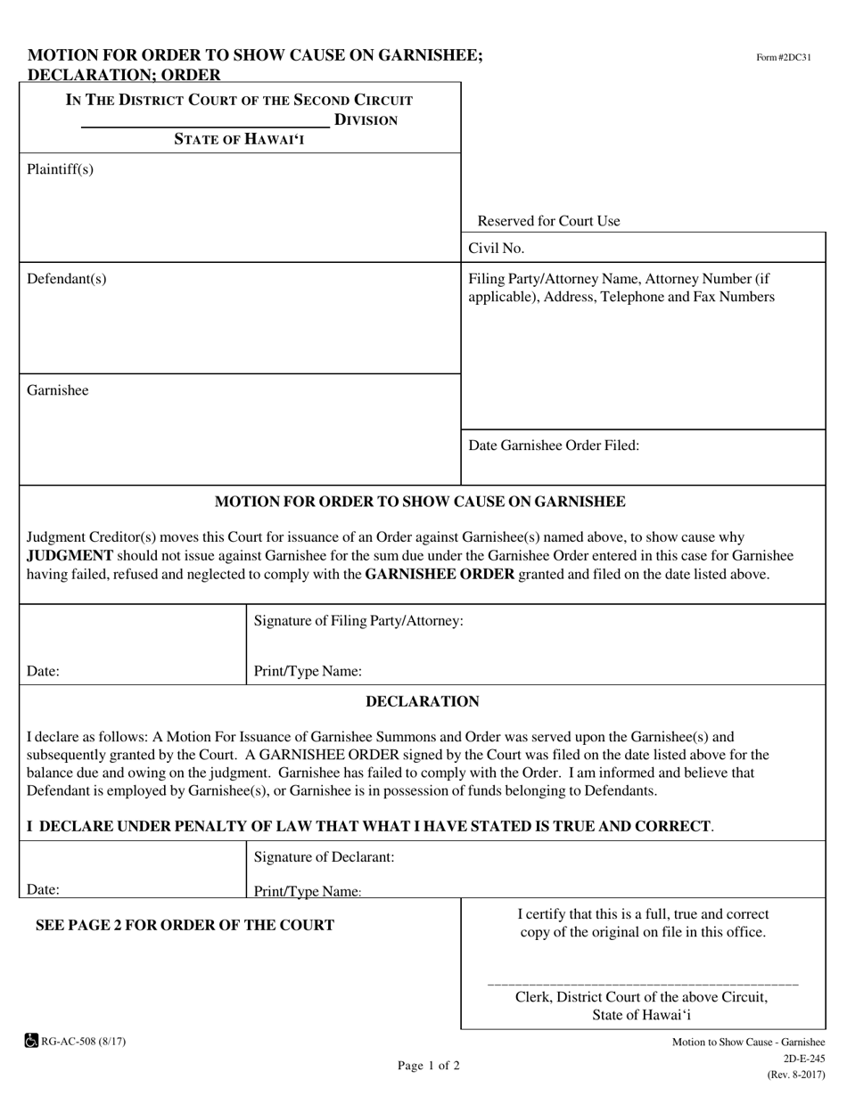 Form 2DC31 - Fill Out, Sign Online and Download Fillable PDF, Hawaii ...