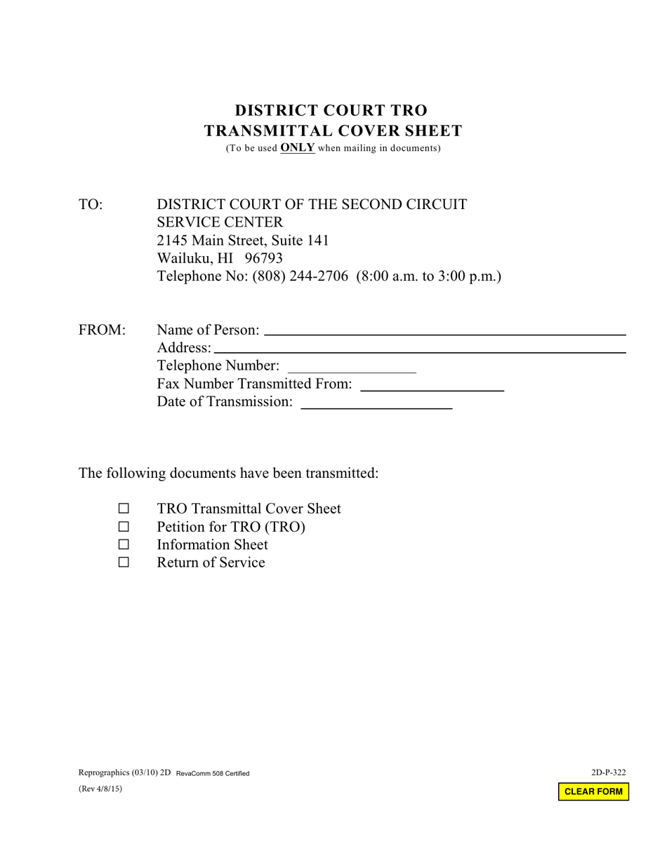 Form 2D-P-322 Tro Transmittal Cover Sheet - Hawaii, Page 1