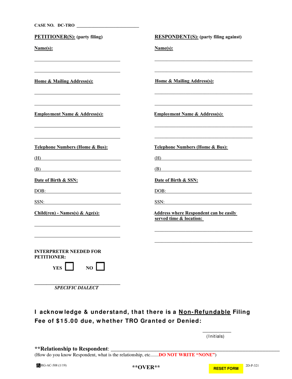 Form 2D-P-321 Tro Information Sheet - Hawaii, Page 1