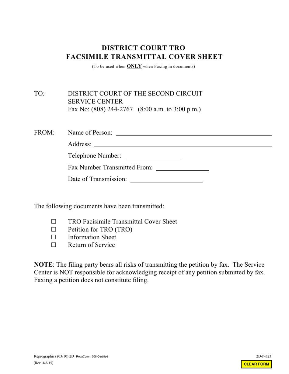 Form 2D-P-323 Tro Facsimile Transmittal Sheet - Hawaii, Page 1