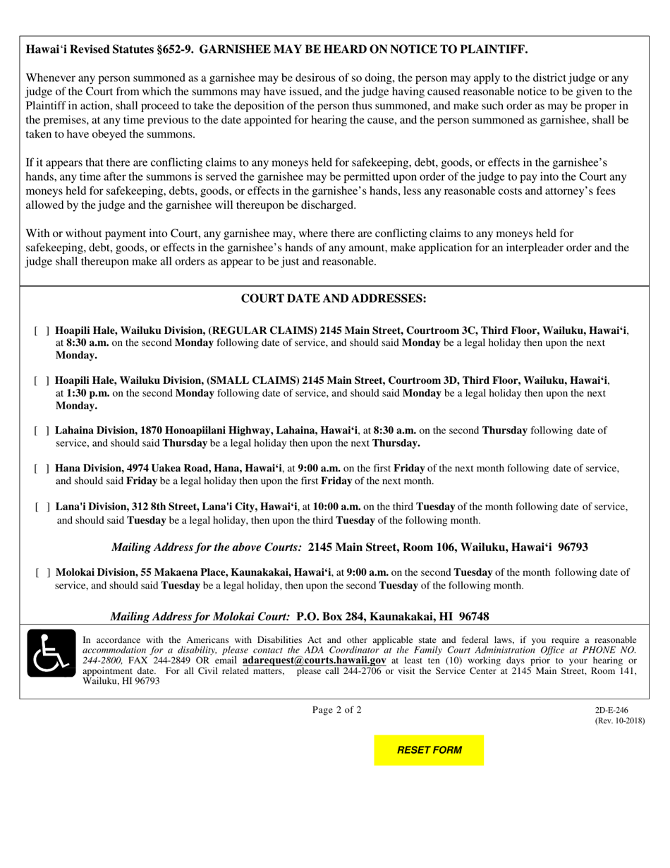 Form 2DC32 Garnishee Summons - Hawaii, Page 2