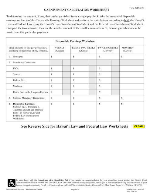 Form 2DC27C Garnishment Calculation Worksheet - Hawaii