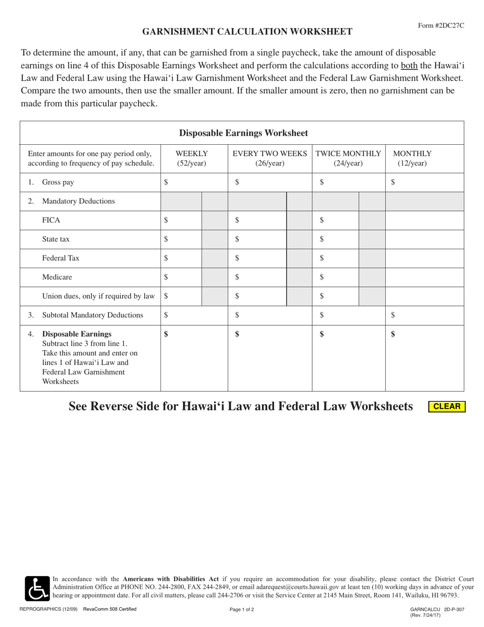 Form 2DC27C Garnishment Calculation Worksheet - Hawaii, Page 1