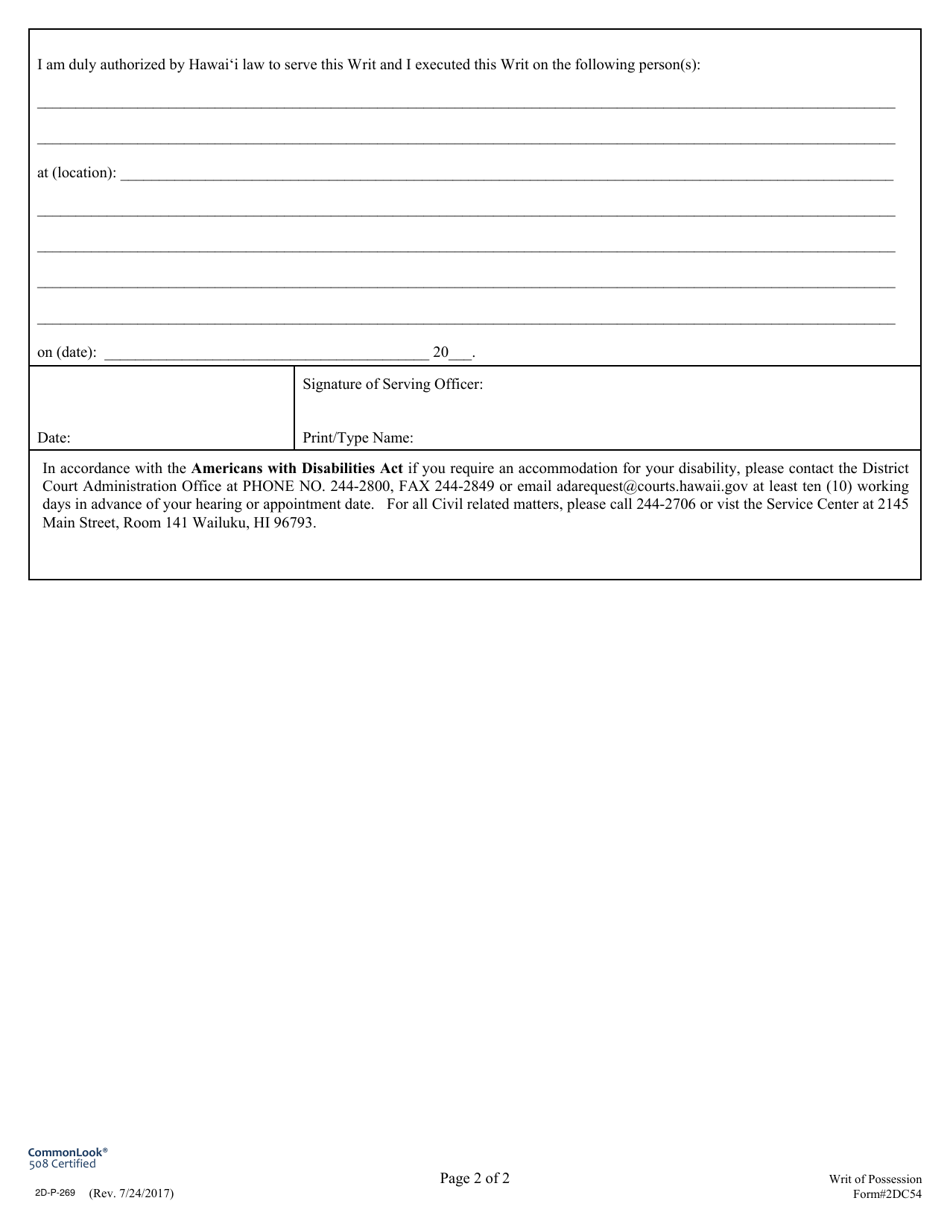 Form 2DC54 Writ of Possession - Hawaii, Page 2