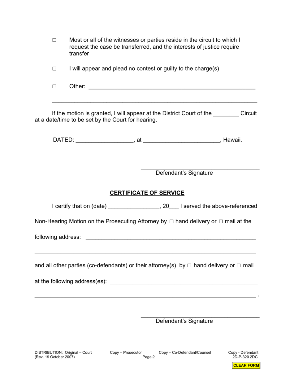 Form 2D-P-320 2DC Non-hearing Motion for Change of Venu (Traffic Crime / Crime); and Certificate of Service - Hawaii, Page 4