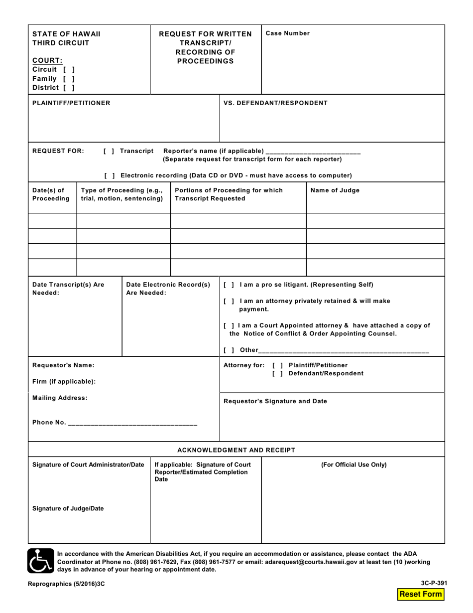 Form 3C-P-391 Request for Written Transcript / Recording of Proceedings - Hawaii, Page 1