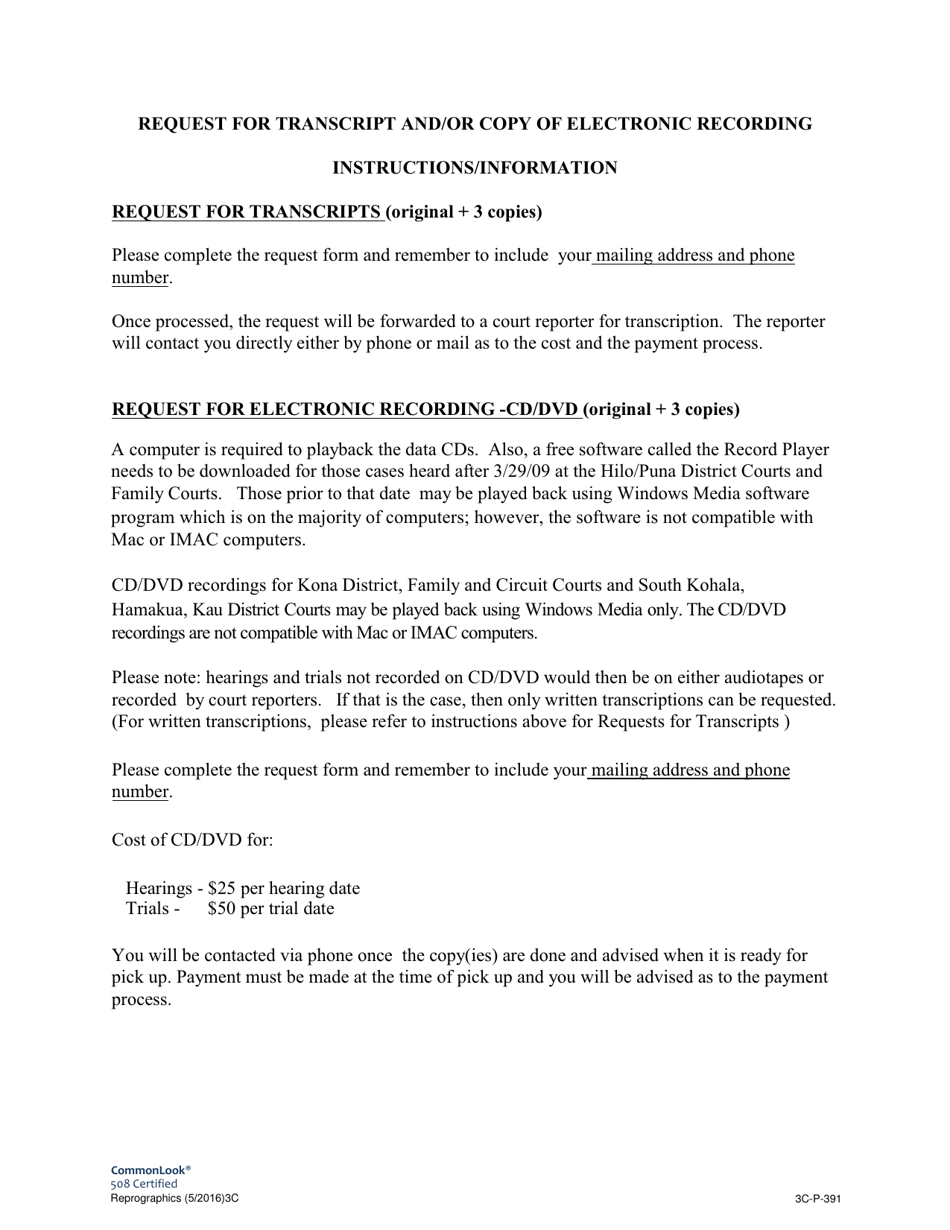 Form 3C-P-391 Request for Written Transcript / Recording of Proceedings - Hawaii, Page 2